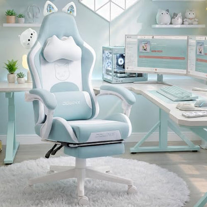Dowinx Cat Ear Gaming Chair for Adults, Ergonomic Computer Chair with Massage Lumbar Support, Reclining Gamer Chair with Footrest and Headrest, 290 lbs
