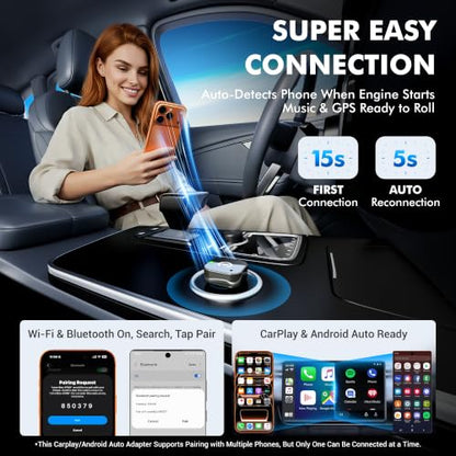 2026 Upgraded 2-in-1 Wireless CarPlay & Android Auto Adapter, 5GHz WiFi Plug and Play, Converts Wired to Wireless, Auto Connect in 5s and No Lag, USB-A & USB-C, for iPhone iOS 10+ & Android 11+