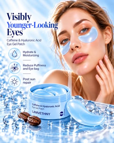 LAMVETHNY Caffeine Collagen Eye Masks - Korean Skincare Brightening Hydrating Anti Cooling Firming Non-Irritating for Appearance of Dark Circles&Wrinkles&Puffiness - Gift for Mom Traveler Night Worker (blue)