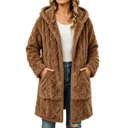 Fall Jackets for Women Jackets for Women Fuzzy Hooded Coat Mid‑Length Diamond Quilted Zip Up Plush Jacket for Home Lounging Brown S