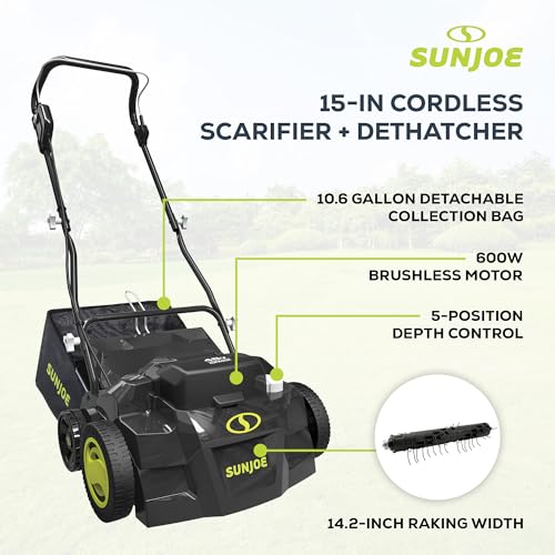 Sun Joe 24V-X2-DTS15 Scarifier and Dethatcher Kit, 5-Depth Positions, 15-inch, Brushless Motor, w/ 2 x 24-V 4.0-Ah Batteries and Dual Port Charger