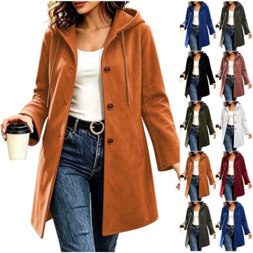 Womens Trench Coat Faux Suede Hooded Long Jacket Button Down Long Pea Coat