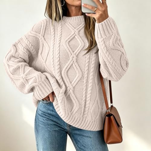 Sueter Tejidos para Mujer, Long Sleeve Cable Knit Pullover Sweaters Beige
