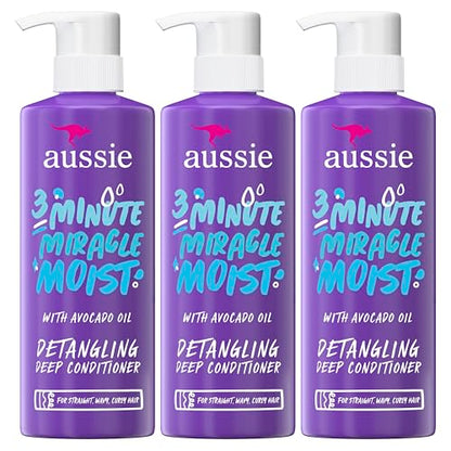 Aussie 3 Minute Miracle Moist Detangling Deep Conditioner Treatment with Avocado Oil, Paraben and Sulfate Free, 1.42 L in Total (3 Count of 475 mL Each)