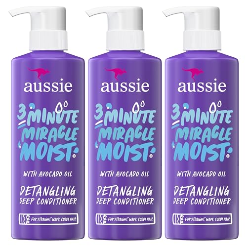 Aussie 3 Minute Miracle Moist Detangling Deep Conditioner Treatment with Avocado Oil, Paraben and Sulfate Free, 1.42 L in Total (3 Count of 475 mL Each)