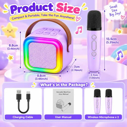 Mini Karaoke Machine for Kids with 2 Wireless Microphones (Purple) | Bluetooth Connectivity, Voice Change, LED Lights, Wireless Microphone