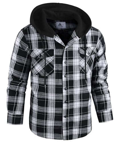 ZITY Mens Flannel Plaid Shirt Jacket Button Down Hoodie with Front Pockets