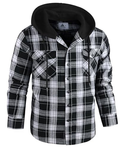 ZITY Mens Flannel Plaid Shirt Jacket Button Down Hoodie with Front Pockets