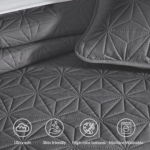Whale Flotilla Soft King Quilt Bedding Set Lightweight Bedspread | Grey Microfiber Breathable Quilts, Modern Comforter Set Coverlet for All Seasons with 2 Pillow Shams, 96x104 Inch