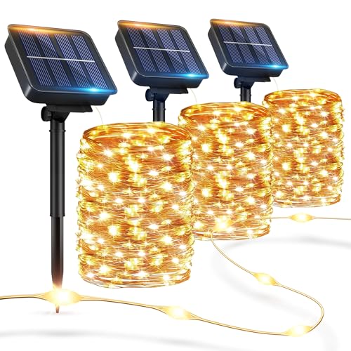 3 Pack Solar String Lights Outdoor, Total 300LED 100FT Solar Fairy Lights Waterproof, 8 Modes Dimmable Solar Powered Lights, Auto On/Off for Patio Garden Yard Tree Wedding Party Xmas Decor(Warm White)