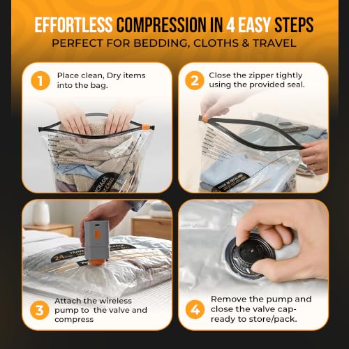 Vacuum Bags for Travel Clothes with Cordless Pump, Vacuum Storage Bags 15Pk | (6 Small, 5 Medium, 4 Large) - Vacuum sealer bags for clothes, Blankets and Luggage - Space Saver Vacuum Storage Bags