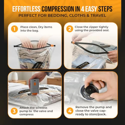 Vacuum Bags for Travel Clothes with Cordless Pump, Vacuum Storage Bags 15Pk | (6 Small, 5 Medium, 4 Large) - Vacuum sealer bags for clothes, Blankets and Luggage - Space Saver Vacuum Storage Bags