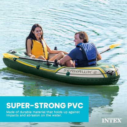 INTEX 68347EP Seahawk 2 Inflatable Boat Set: Includes Deluxe 48in Aluminum Oars and High-Output Pump – SuperStrong PVC – Fishing Rod Holders – 2-Person – 520lb Weight Capacity