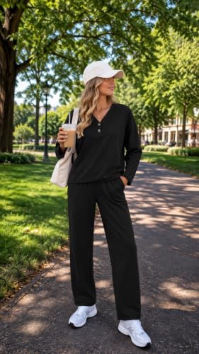 PrinStory Women's 2 Piece Lounge Set Straight Leg Pants Travel Airport