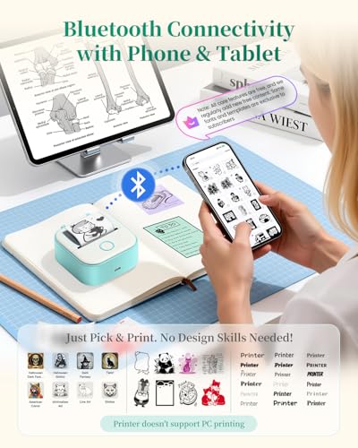 Memoking Mini Sticker Printer, T02 Portable Thermal Printer, Photo Printer | Bluetooth Sticker Maker for Kids, Inkless Label Maker, Print Pods Printer Trays, Smart AI APP, for Study Note, DIY, Gifts
