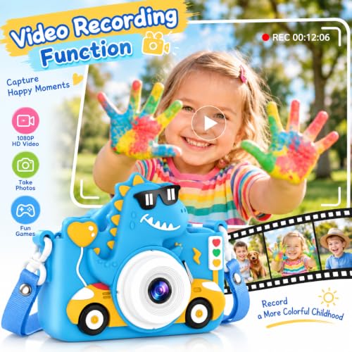 Kids Digital Camera, 1080P HD Video Camera for Toddlers with 32GB SD Card, Dinosaur Protective Case, Card Reader, Fun Selfie Toy Camera for Ages 3-12, Christmas/Birthday Gift for Boys & Girls