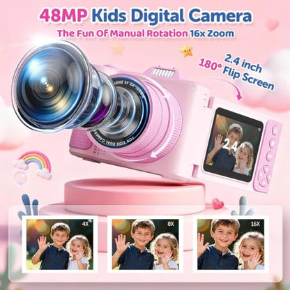 Kids Camera for Big Boys and Girls Flip Screen2.4+Telescopic Zoom 1080P Selfie Photo+Video Digital Camera for Age 5-12 with Cartoon Cover & SD Card Gift Best Chritmas Birthday Festival Gift(Pink)