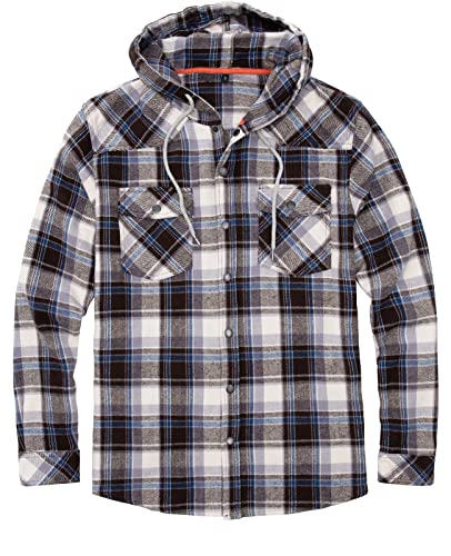 ZENTHACE Men's Flannel Shirt Jacket with Hood,Long Sleeve Plaid Flannel Hoodie Jackets Coffee/White M