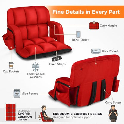 Stadium Seats with Backs 2 Pack, 12-Grid Ergonomic 4.7" Thick Bleacher Chairs for All-Day Comfort, 6 Reclining Positions, Portable Extra Wide Adjustable Stadium Chair for Football & Baseball