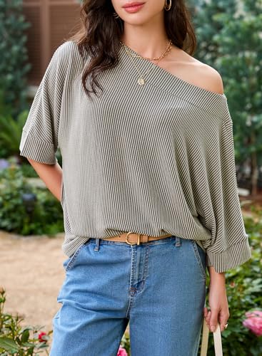 EVALESS Women's Sexy Off The Shoulder Tops 3/4 Length Sleeve Tops Casual Crewneck Batwing Sleeve One Shoulder Shirts Spring Summer 2026 Knitted T Shirts Gray Large
