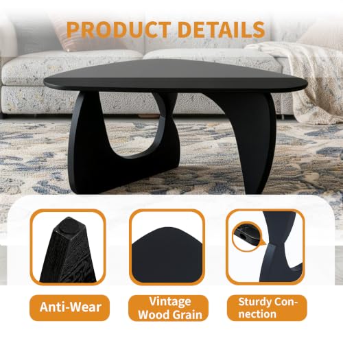 FANCROU Modern Triangle Glass Coffee Table, with and Unique Wooden Base, Mid-Century Small Accent Table for Living Rooms, Offices and Apartments, Black Linen Legs & Black Linen Tabletop, 80CM