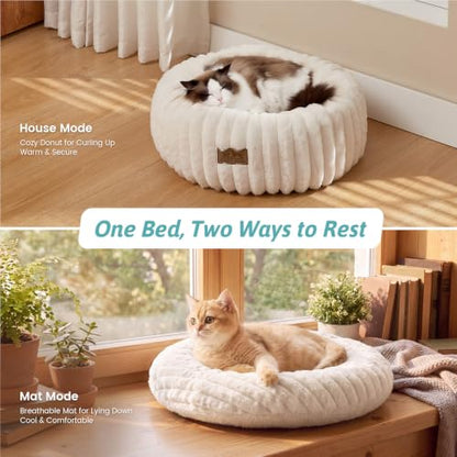 COZY KISS Donut Small Cat Bed for Indoor Cat, Kitten Bed Calming 50cm Cream