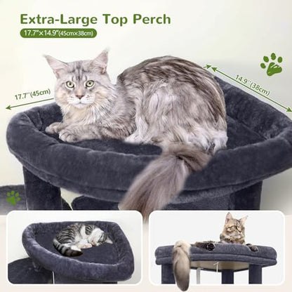 Globlazer Corner Stable Cat Tree Tower for Indoor Large Cats, Dark Grey | 66in Tall Curved Series Large Cat Condo with 6 Sisal Scratching Posts, 2 Spacious Caves, Large Hammock, Hanging Basket, C66