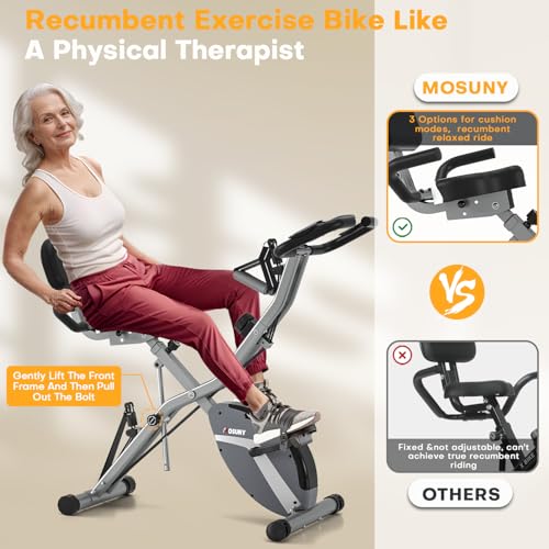 Vélo d'appartement, Vélo stationnaire 5-en-1 MOSUNY Ultra-Silencieux (10 dB), Vélo d'exercice pliable avec Résistance Magnétique Réglable sur 16 Niveaux, Vélo de cyclisme en intérieur de 159 kg pour Entraînement à Domicile