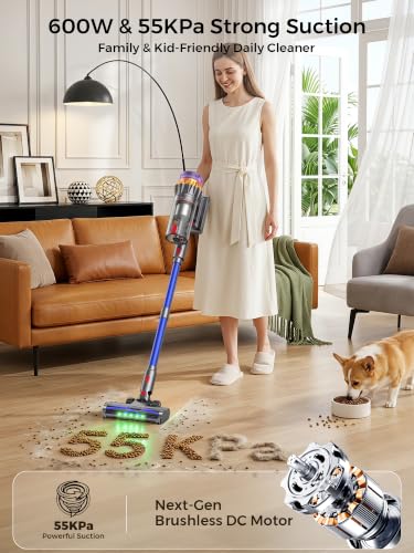 Cordless Stick Vacuum Cleaner, 70Mins 600W 55Kpa for Home, Pet Hair, Carpet