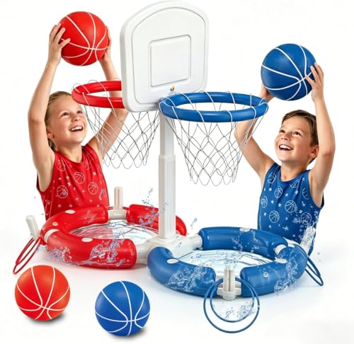 Dual Pool Basketball Hoop with Backboard for Boys Girls 2-in-1 Floating Pool Toys Ring Game 4 Balls 8 Rings & Pump Outdoor Swimming Pool Basketball Games Water Play Summer Toy for Adults and Family