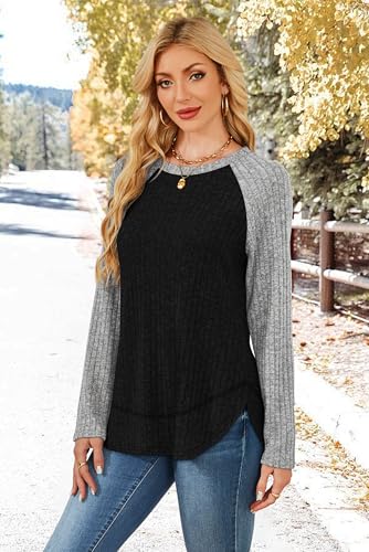 🌈 MANY DIFFERENT COLOR CHOICES - WIHOLL Womens Sweaters Fall Long Sleeve Shirt Women Color Block Sweatshirts Dressy Casual Tunics Trendy 2026 Paneled Grey Black S