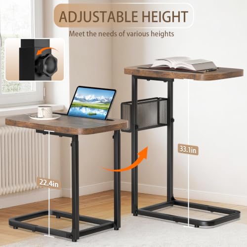 C Table End Table Adjustable Height,TV Tray Table with Storage Baskets