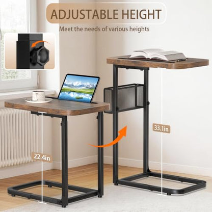C Table End Table Adjustable Height,TV Tray Table with Storage Baskets