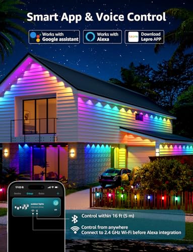 Lepro EE1 AI Permanent Outdoor Lights, 50ft 30 RGB+IC LED & Dual Output | IP67 Waterproof Eave Light for Christmas, Halloween, Smart Light Decor, Works with Alexa & Google, 2.4 GHz WiFi/Bluetooth