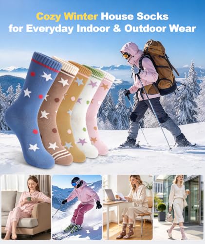 SIMIYA 5 Pairs Merino Wool Socks for Women Warm Extra Thick Winter Thermal | Super Warm for Cold Weather, Cozy Soft, Moisture-Wicking, Reinforced Toe, Crew Hiking Socks for Work Daily, Fun Cute Design