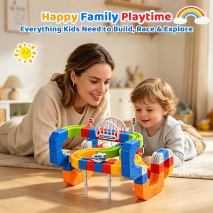 Electric Train Set 3D Track STEM Toy Toddler Gifts for 3-8 Boys Girls | 100PCS Train Sets for Kids Toys, Track Blocks with Flip Hanging Tracks, USB Car, Traffic Signs, Stockings Stuffers for Kids