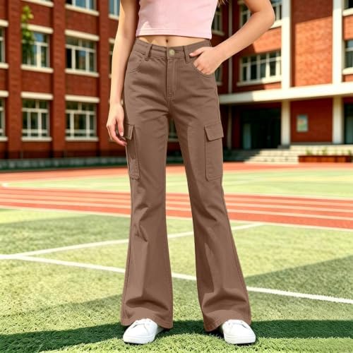 Girls Cargo Pants School Uniform Flare Pants High Waisted Trousers Khaki