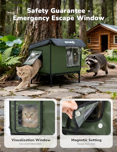 Pecute Heated Outdoor Cat House, Weatherproof Insulated Shelter | 6-layer insulation, 2 Exits, Reinforced Metal Frame, Adjustable Canopy, Washable Pad, For Feral Cats, Porch, Barn, Winter
