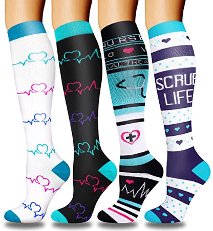 DHSO Compression Socks for Women Men, 4 Pairs 15-20 mmHg Knee High Stocking