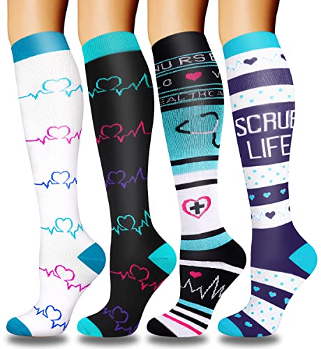 DHSO Compression Socks for Women Men, 4 Pairs 15-20 mmHg Knee High Stocking