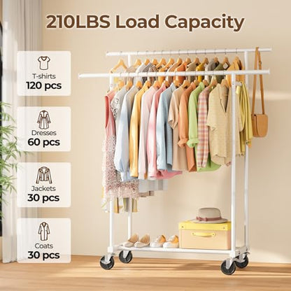 HYSEYY Double Rods Clothes Rack, Rolling Clothing Rack, Metal Garment Rack with 4 Lockable Wheels & Storage Shelf, Sturdy Coat Rack for Bedroom, Laundry, Living Room - 160H x 113W x 42D cm (White)