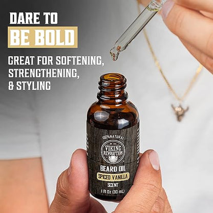 Viking Revolution Beard Oil - Spiced Vanilla - 1 fl oz | 100% Natural Ingredients - Formulated with Argan Oil & Jojoba Oil - Softens Rough Hair & Hydrates Skin - Spiced Vanilla Scent