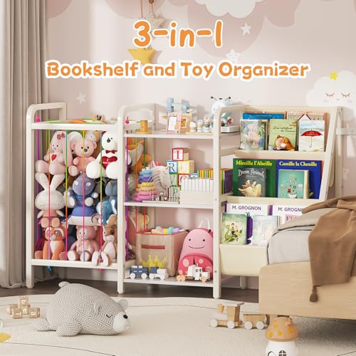 CYXPHION B1 Kids Bookshelf and Toy Storage, 3-Tier Book Shelf for Kids Rooms, Sling Baby Bookcase with Animal Storage, Montessori Toddler Bookshelf for Nursery, Bedroom, Playroom, White