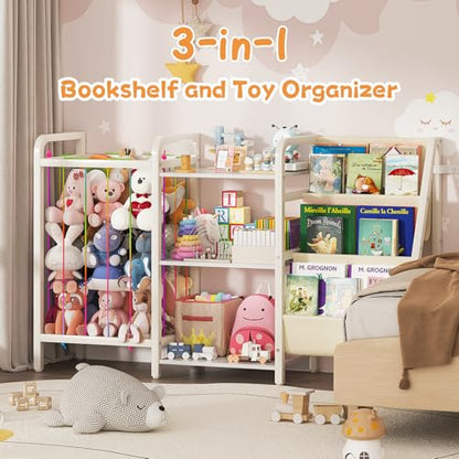 CYXPHION B1 Kids Bookshelf and Toy Storage, 3-Tier Book Shelf for Kids Rooms, Sling Baby Bookcase with Animal Storage, Montessori Toddler Bookshelf for Nursery, Bedroom, Playroom, White