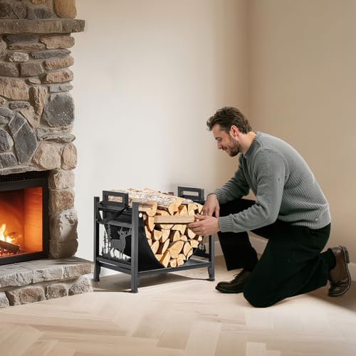 VEVOR Indoor Firewood Rack, 1.5 ft Curved Log Holder with Canvas Carrier, 40lb Weight Capacity Wood Storage Stand, Powder-Coated Steel Firewood Holder, Heavy Duty Wood Pile Stacker Rack for Fireplace