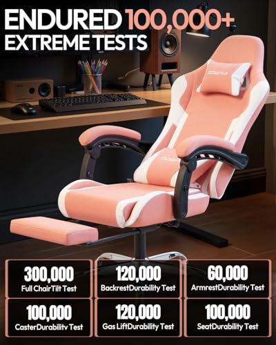 Ergonomic Gaming Chair with Footrest, Heavy Duty 330lbs Office Chair, Massage Lumbar Support, Adjustable Height & Headrest Pillow, Comfortable for Back Pain Relief, Streaming, Long Gaming, Pink