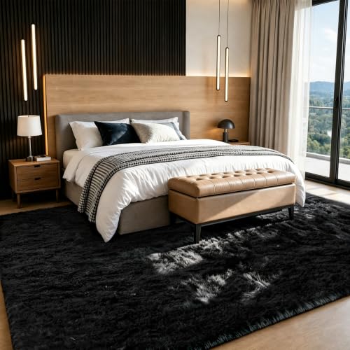 Huiuhjirug 4x6 Area Rug, Fluffy Shag Carpet for Living Room Black