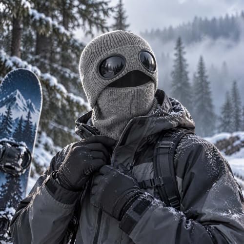 2 in 1 Ribbed Knit Balaclava Beanie with Goggle-Style Eye Panels Gray