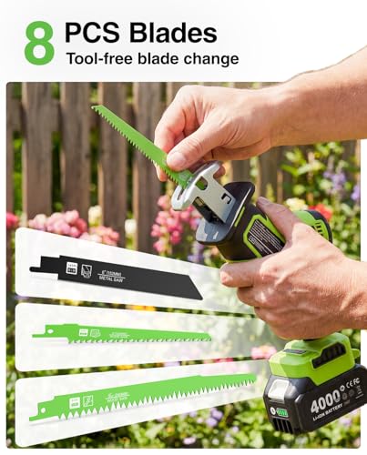 Cordless Reciprocating Saw 21V: One-Handed Reciprocating Saw with 0-3500 RPM Brushless Motor, 2 x 4.0Ah Batteries, 8 Quick-Change Blades, LED Light, Perfect for Wood PVC Metal Cutting