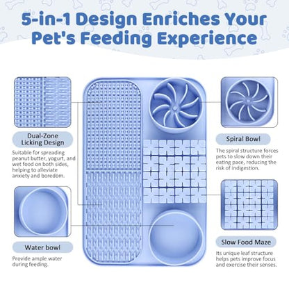 EaTubano Slow Feeder Dog Bowl Cat Food Mat Silicone Lick Mat for Dogs with Snuffle Area, Suction Cup and Multiple Licking Patterns(Blue)